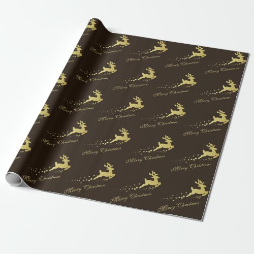 Elegant Gold Reindeer Merry Christmas Stars Wrapping Paper