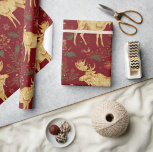 elegant gold reindeer red merry christmas pattern wrapping paper