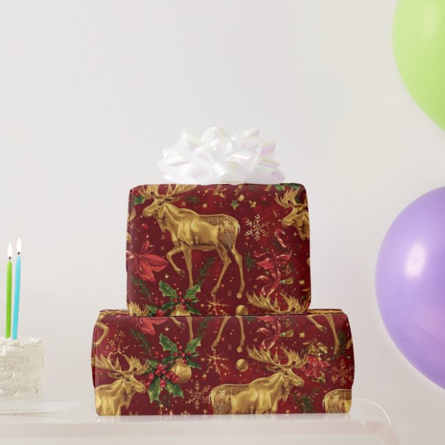 elegant gold reindeer red merry christmas pattern wrapping paper (Party Gifts)