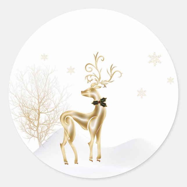 Elegant Gold Reindeer, Winter Scene Classic Round Sticker (Front)