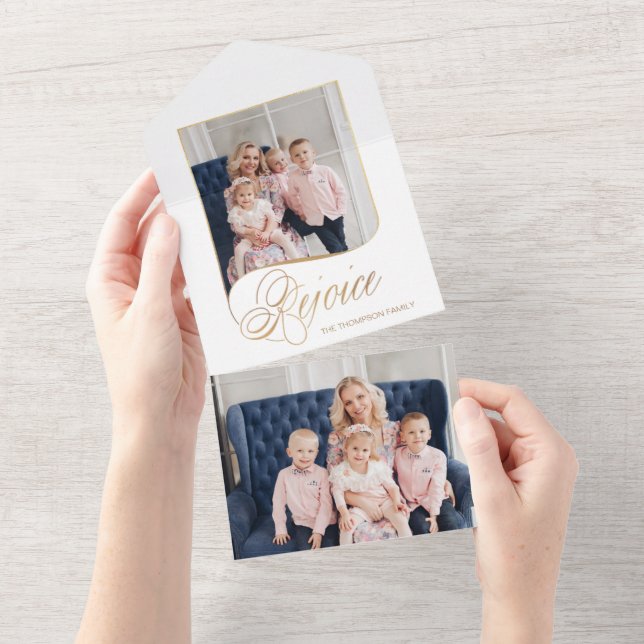Elegant Gold Rejoice Calligraphy Script Photo All In One Invitation (Tearaway)