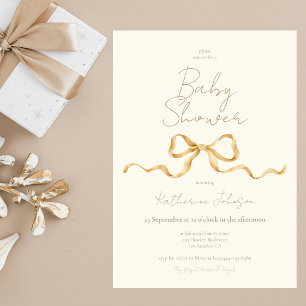 Elegant Gold Ribbon Beige Neutral Baby Shower Invitation