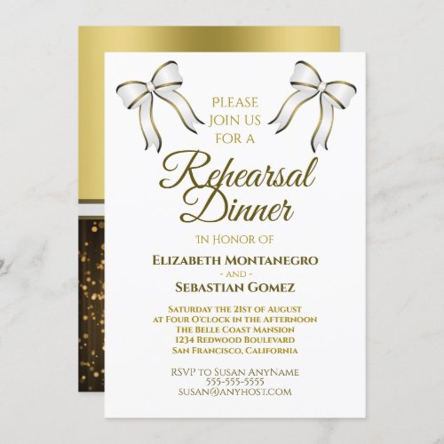 Elegant Gold Ribbon  Bow Wedding Rehearsal Dinner Invitation
