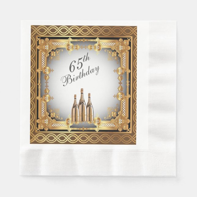 Elegant Gold Rim 65th Birthday Party Paper Napkins (Front)