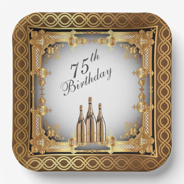 Elegant Gold Rim 75th Birthday Party  Paper Plates (Front)