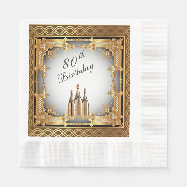 Elegant Gold Rim 80th Birthday Party Paper Napkins (Front)