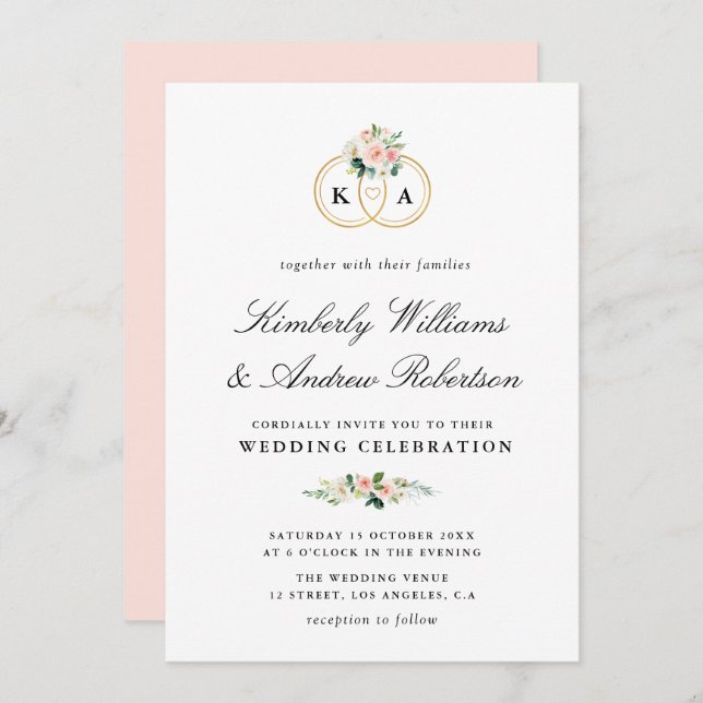 Elegant gold ring blush pink floral wedding invitation (Front/Back)