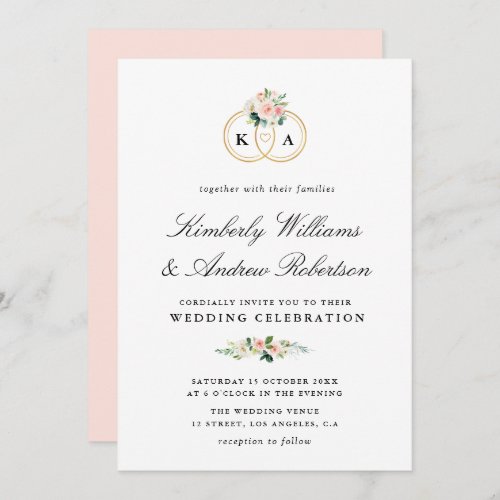 Elegant gold ring blush pink floral wedding invitation