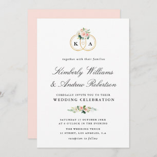 Elegant gold ring blush pink floral wedding invitation