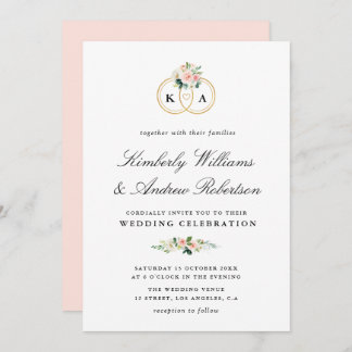 Elegant gold ring blush pink floral wedding invitation