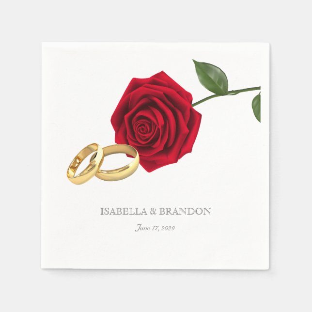 Elegant Gold Rings and Red Roses Wedding Napkins (Front)