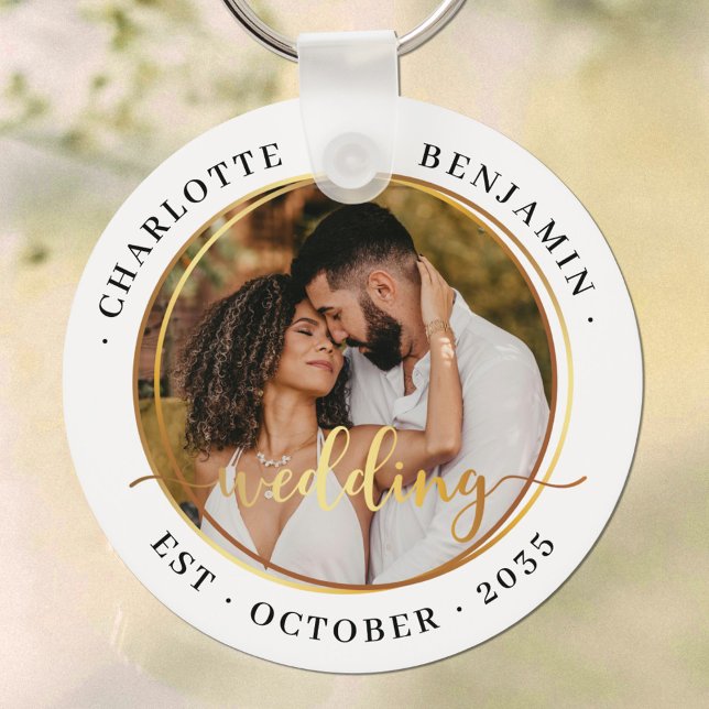 Elegant Gold Rings Couple Photo White Wedding  Keychain (Creator Uploaded)