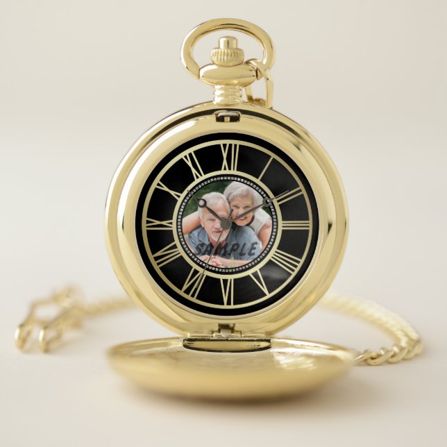 Elegant Gold Roman Numeral Photo Template Pocket Watch (Inside)