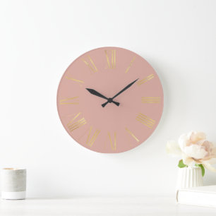 Elegant Gold Roman Numerals on Dusty Pink Blush Large Clock