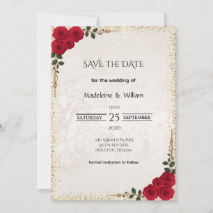 Elegant Gold Romantic Red Roses Wedding Save The Date