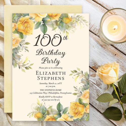 Elegant Gold Rose 100th Birthday Party Invitation