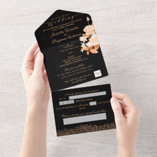 Elegant Gold Rose Black Wedding All In One Invitation