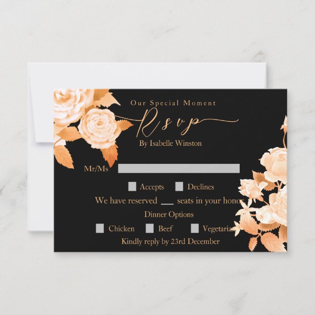 Elegant Gold Rose Black Wedding Dinner Option RSVP Card (Front)