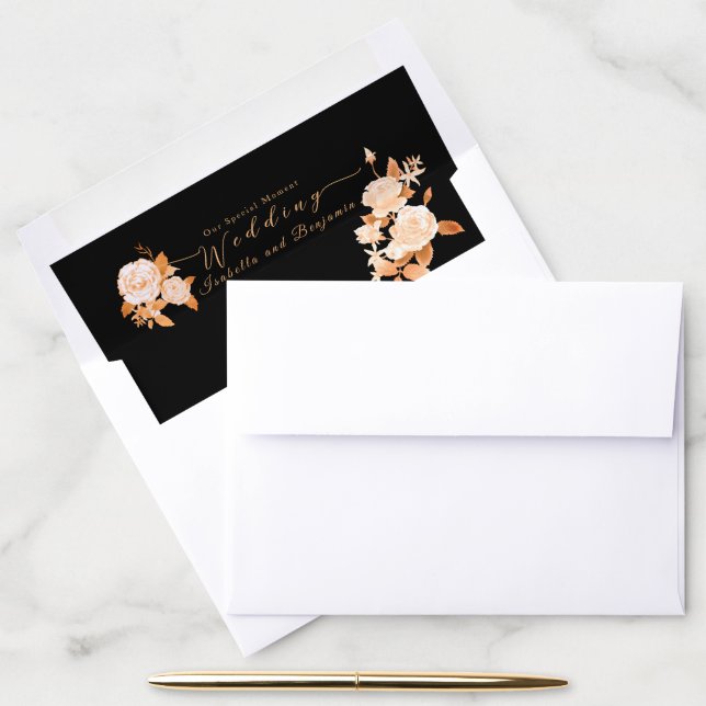 Elegant Gold Rose Black Wedding Envelope Liner (Desk)