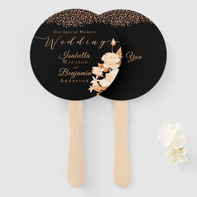 Elegant Gold Rose Black Wedding Hand Fan (Front and Back)