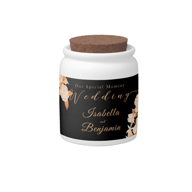 Elegant Gold Rose Black Wedding Mason Jar (Front)