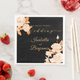 Elegant Gold Rose Black Wedding Paper Dinner Napkins