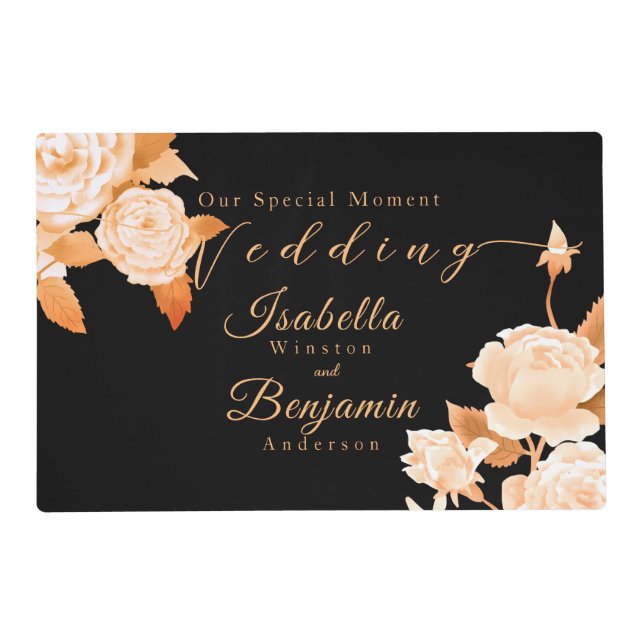Elegant Gold Rose Black Wedding  Placemat (Front)