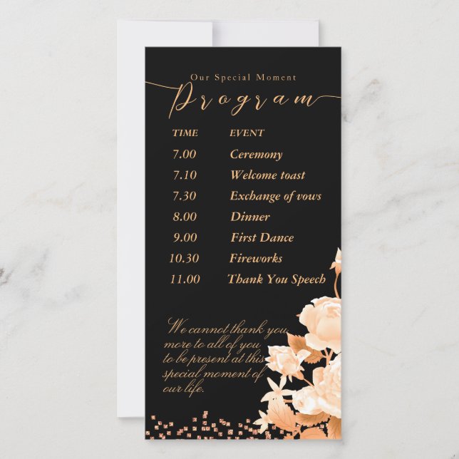 Elegant Gold Rose Black Wedding Program (Front)