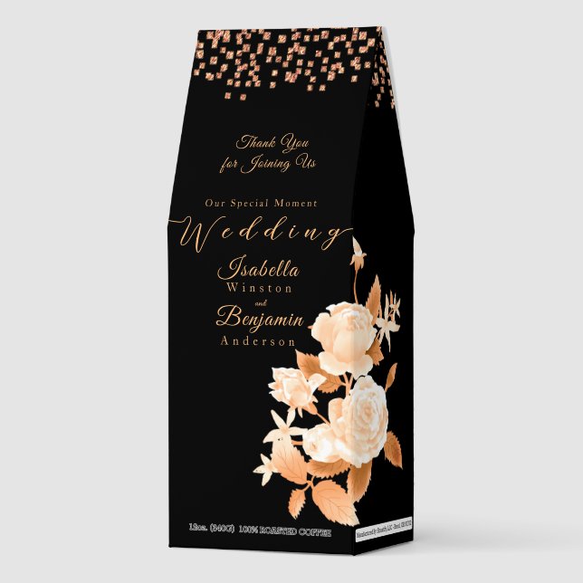 Elegant Gold Rose Black Wedding Roasted Coffee (Front)