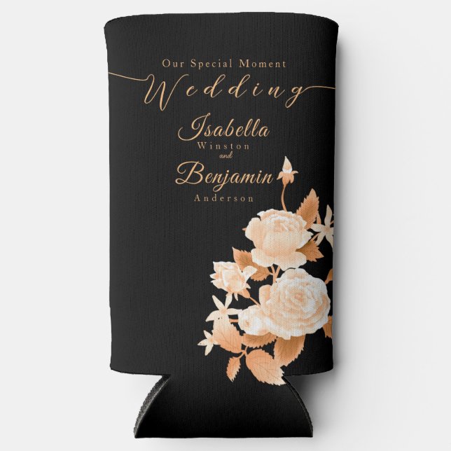 Elegant Gold Rose Black Wedding  Seltzer Can Cooler (Front)