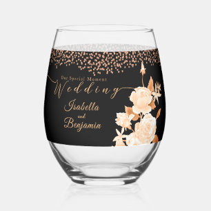 Elegant Gold Rose Black Wedding Stemless Wine Glass