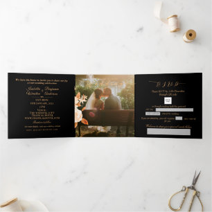Elegant Gold Rose Black Wedding Tri-Fold Invitation