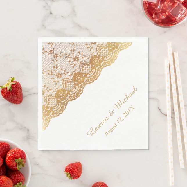 Elegant Gold Rose Border Faux Lace Wedding Napkins (Insitu)