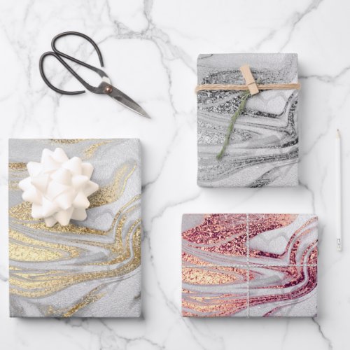 Elegant Gold Rose Gold Silver Marble  Wrapping Paper Sheets