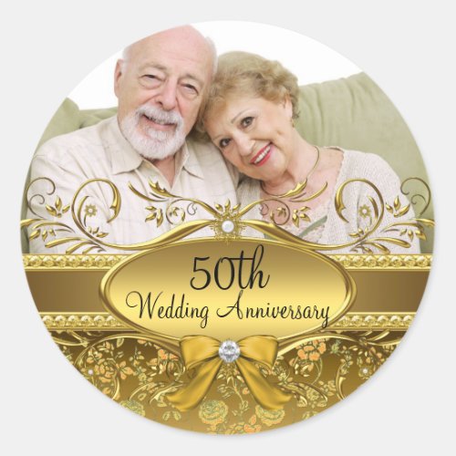 Elegant Gold Rose Photo 50th Anniversary Sticker