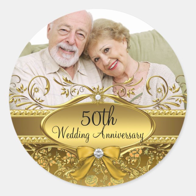 Elegant Gold Rose Photo 50th Anniversary Sticker (Front)