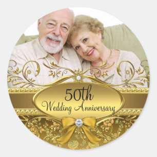 Elegant Gold Rose Photo 50th Anniversary Sticker