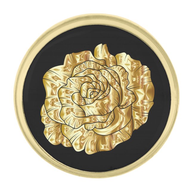 Elegant Gold Rose Wedding Black and Gold Flower  Gold Finish Lapel Pin (Front)