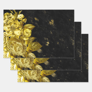 Elegant Gold roses and black marble Wrapping Paper Sheets