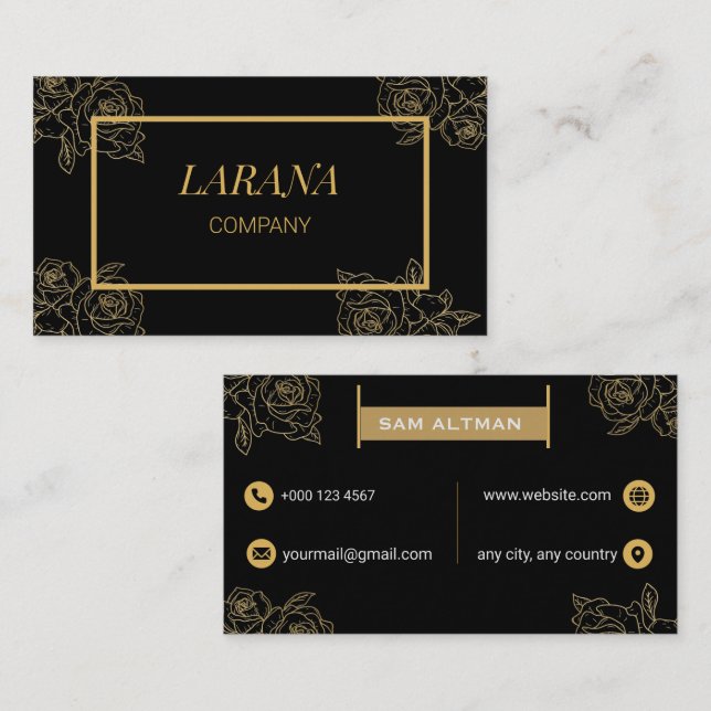 Elegant Gold Roses Black Luxury Professional Business Card (Front/Back)
