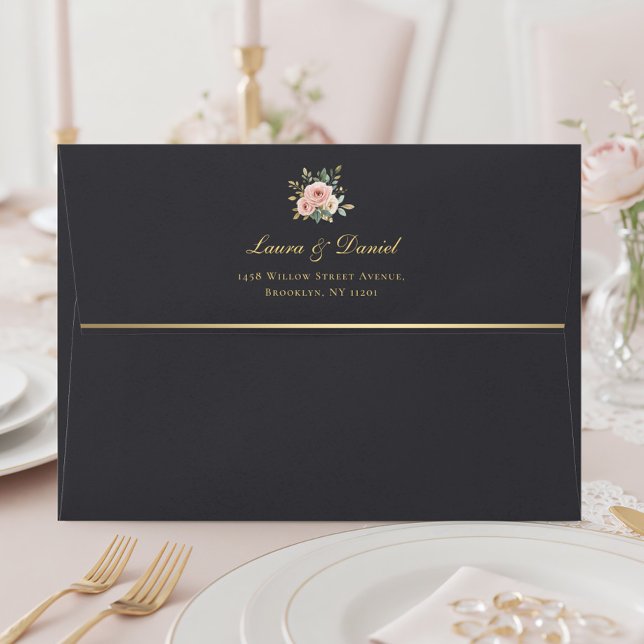 Elegant Gold Roses Black Wedding Envelope (Creator Uploaded)
