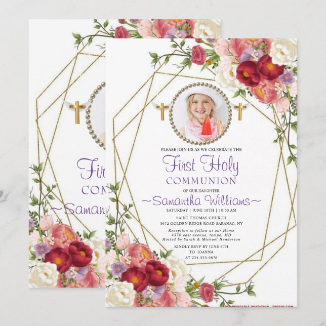 Elegant Gold Roses Blush Photo First Communion Invitation (Front/Back)
