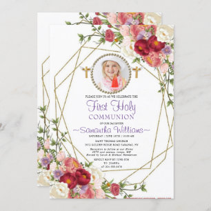 Elegant Gold Roses Blush Photo First Communion Invitation