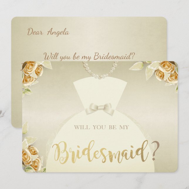 Elegant, Gold Roses, Bride Dress Bridesmaid Card (Front/Back)