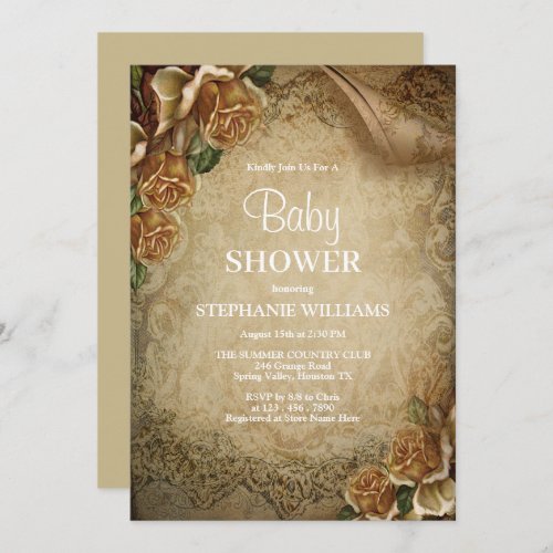 Elegant Gold Roses  Damask Baby Shower Invitation