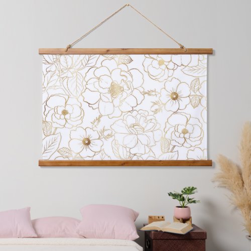 Elegant Gold Roses Floral Line art Hanging Tapestry