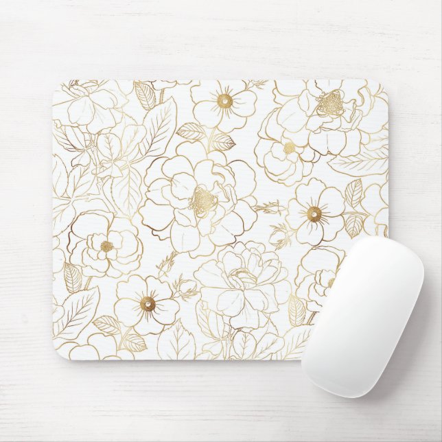 Elegant Gold Roses Floral Line art Mouse Pad (With Mouse)