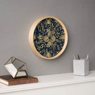 Elegant Gold Roses Floral Navy-Blue Design Clock