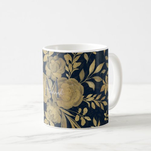 Elegant Gold Roses Floral Navy_Blue Design Coffee Mug
