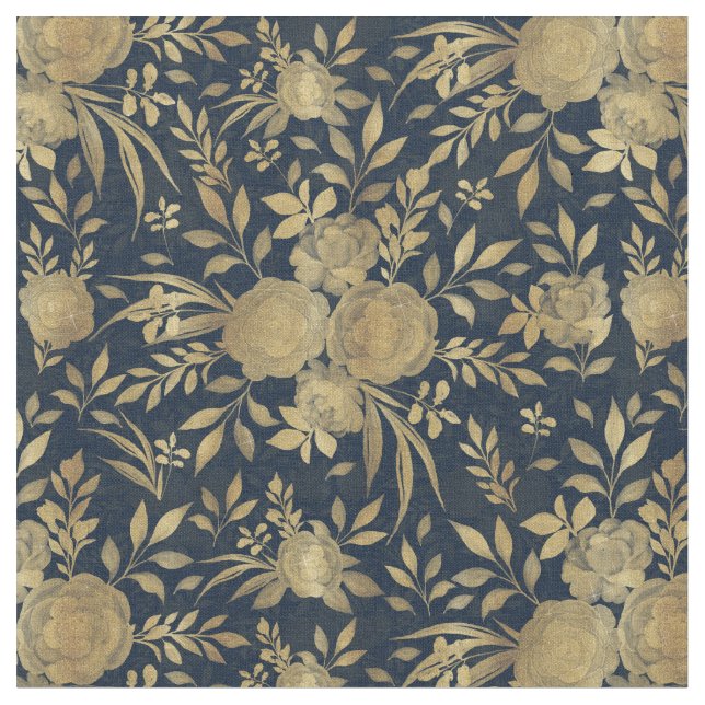 Elegant Gold Roses Floral Navy-Blue Design Fabric (Close Up)